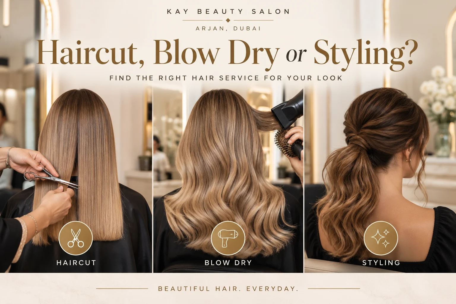 Haircut, blow dry and hair styling services at Kay Beauty Salon in Arjan, Dubai