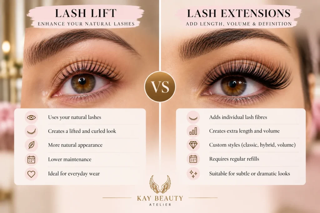 Lash lift vs lash extensions comparison at Kay Beauty Salon in Arjan, Dubai