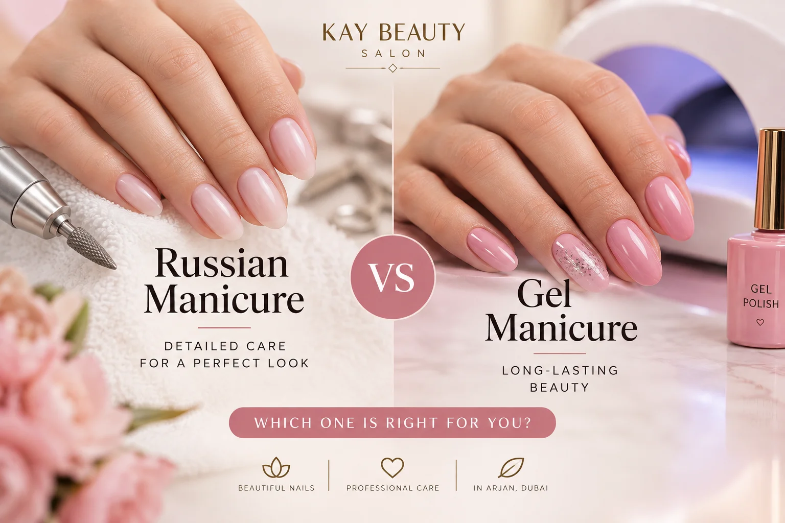 Russian manicure vs gel manicure at Kay Beauty Salon in Arjan, Dubai