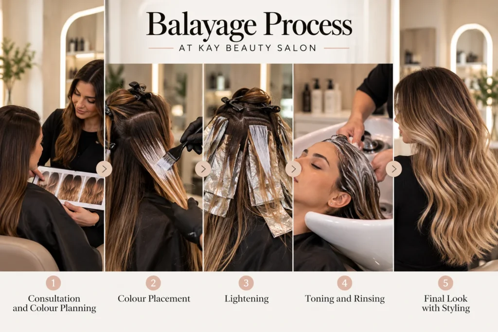 Balayage process at Kay Beauty Salon in Arjan, Dubai
