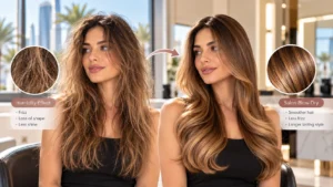 Dubai humidity hair care showing frizzy hair before and smooth salon blow dry after