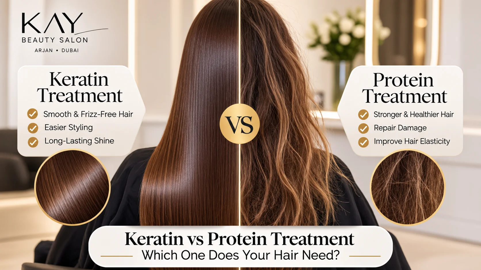 Keratin vs protein treatment at Kay Beauty Salon in Arjan, Dubai
