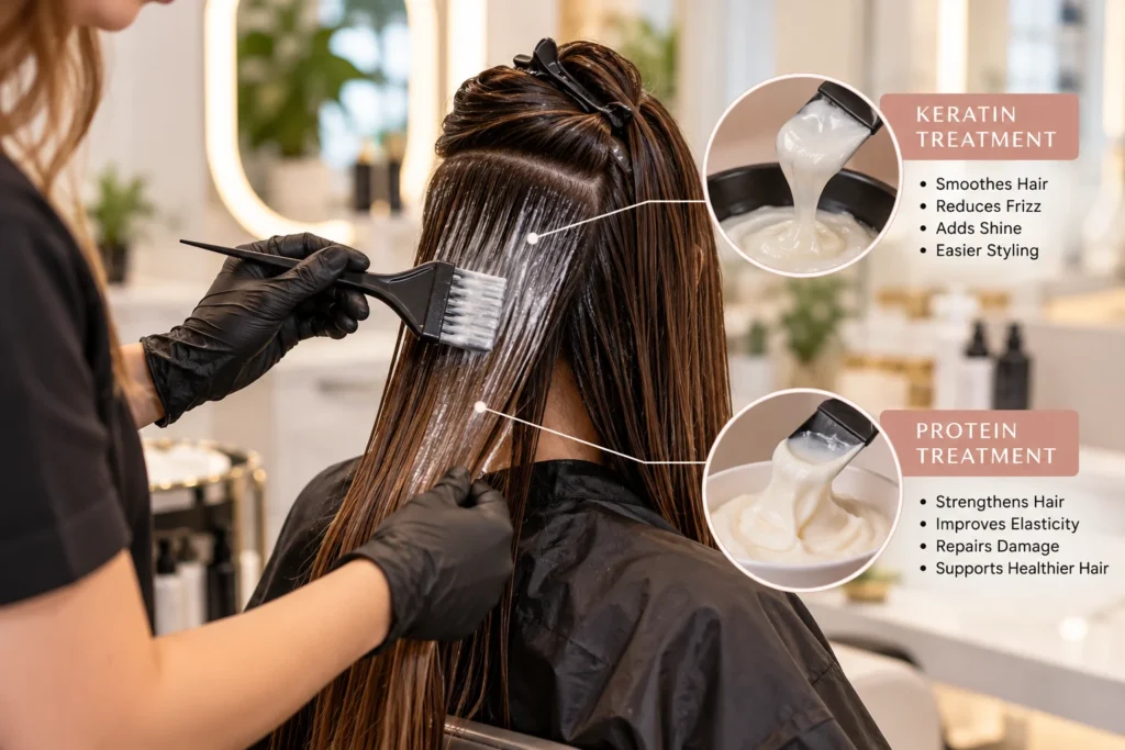 Keratin and protein treatment application at Kay Beauty Salon in Arjan, Dubai