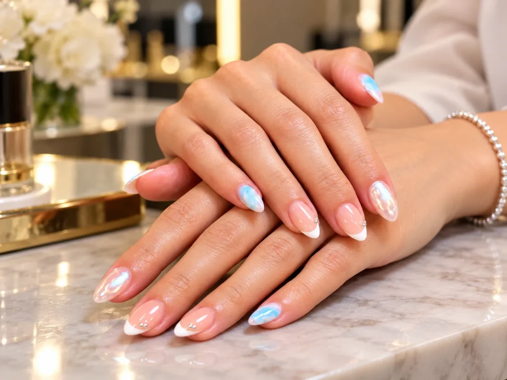 Nail extensions Arjan with elegant French tip and blue marble nail design