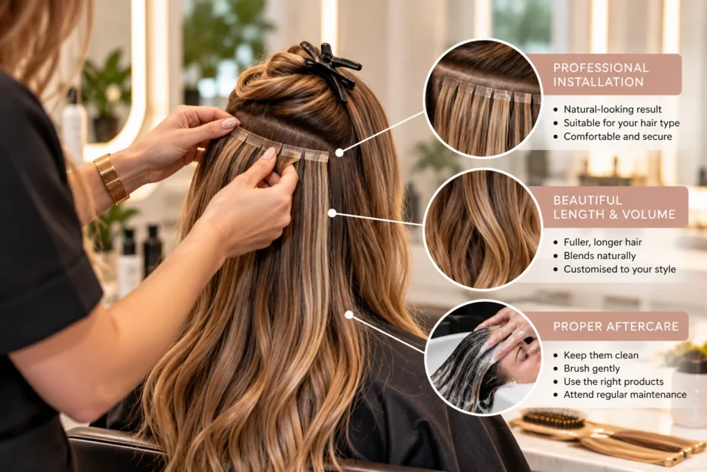 Professional hair extension installation and aftercare at Kay Beauty Salon in Arjan, Dubai